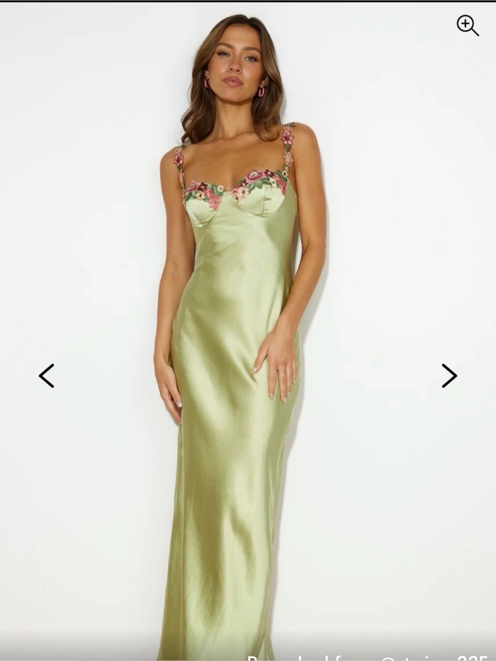 Hello Molly Green Satin Maxi Dress with Pink Floral Trim - Picture 1 of 8